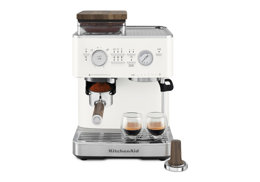halbautomatische espressomaschine mit kegelmahlwerk und espresso-zubehörset aus walnussholz