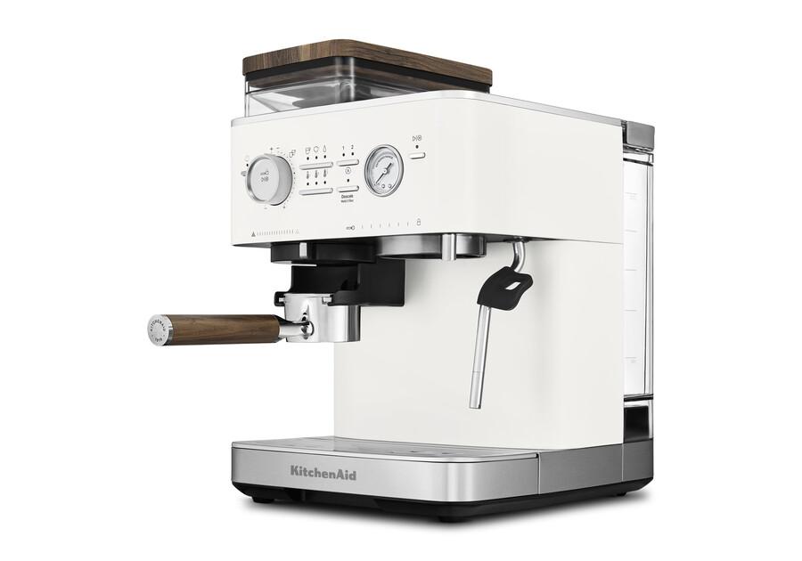 halbautomatische espressomaschine mit kegelmahlwerk und espresso-zubehörset aus walnussholz